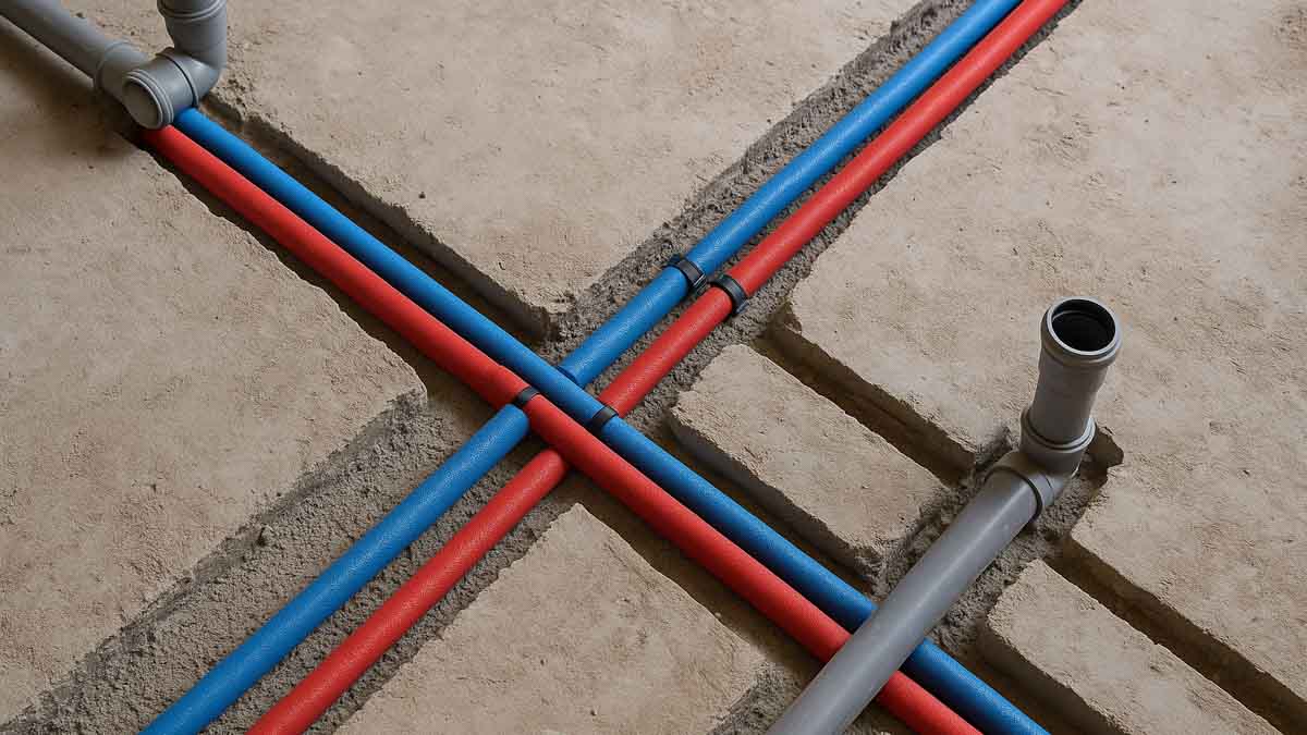 Instalacje wod-kan - niebieskie i czerwone rury w posadzce